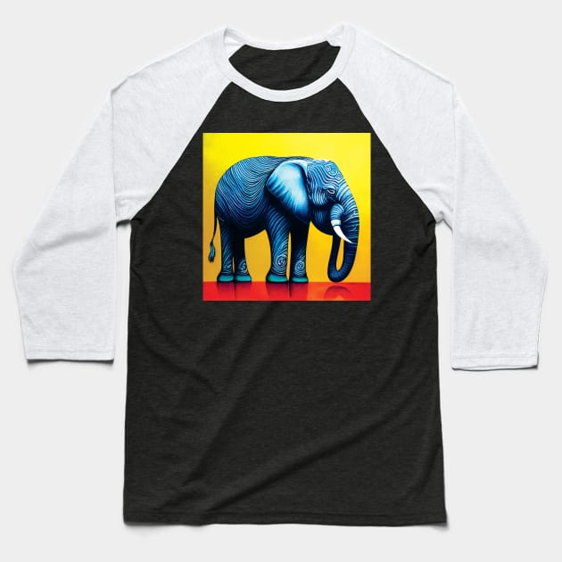 Stylised Elephant Art in Bold Blue, Yellow and Red Baseball T-Shirt by Geminiartstudio